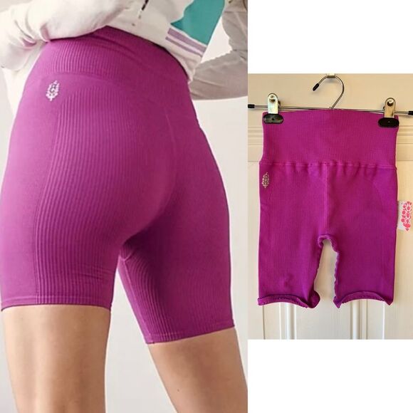 Nwt free people neon magenta happiness runs biker ribbed shorts - Picture 1 of 5